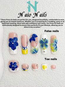 NAIO 10pcs, Summer Handmade Press-On Nails & Optional Toe Nails, Square Tips, Y2K Cool Style, Nude, Yellow, Blue, And White French Tip Design With Ombre Detail, 3D Sculpted Flowers, Butterfly Accents, And Rhinestone Embellishments, Glossy Finish, For Women And Girls, Perfect For Parties And Everyday Wear, Includes Tool Kit, Great Gift For Nail Art Lovers - Multicolor - View 1