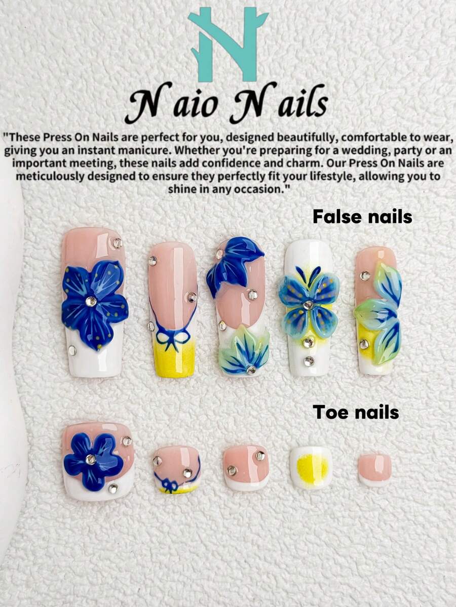 NAIO 10pcs, Summer Handmade Press-On Nails & Optional Toe Nails, Square Tips, Y2K Cool Style, Nude, Yellow, Blue, And White French Tip Design With Ombre Detail, 3D Sculpted Flowers, Butterfly Accents, And Rhinestone Embellishments, Glossy Finish, For Women And Girls, Perfect For Parties And Everyday Wear, Includes Tool Kit, Great Gift For Nail Art Lovers - Multicolor - View 1