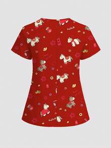 cimmuovere 2pcs Women Cartoon Pocket Top And Pants Scrubs Set, Nurse Uniform, Workwear For Dentist, Healthcare, Pet Hospital, Laboratory, XS To Plus Size Red - Red - View 9