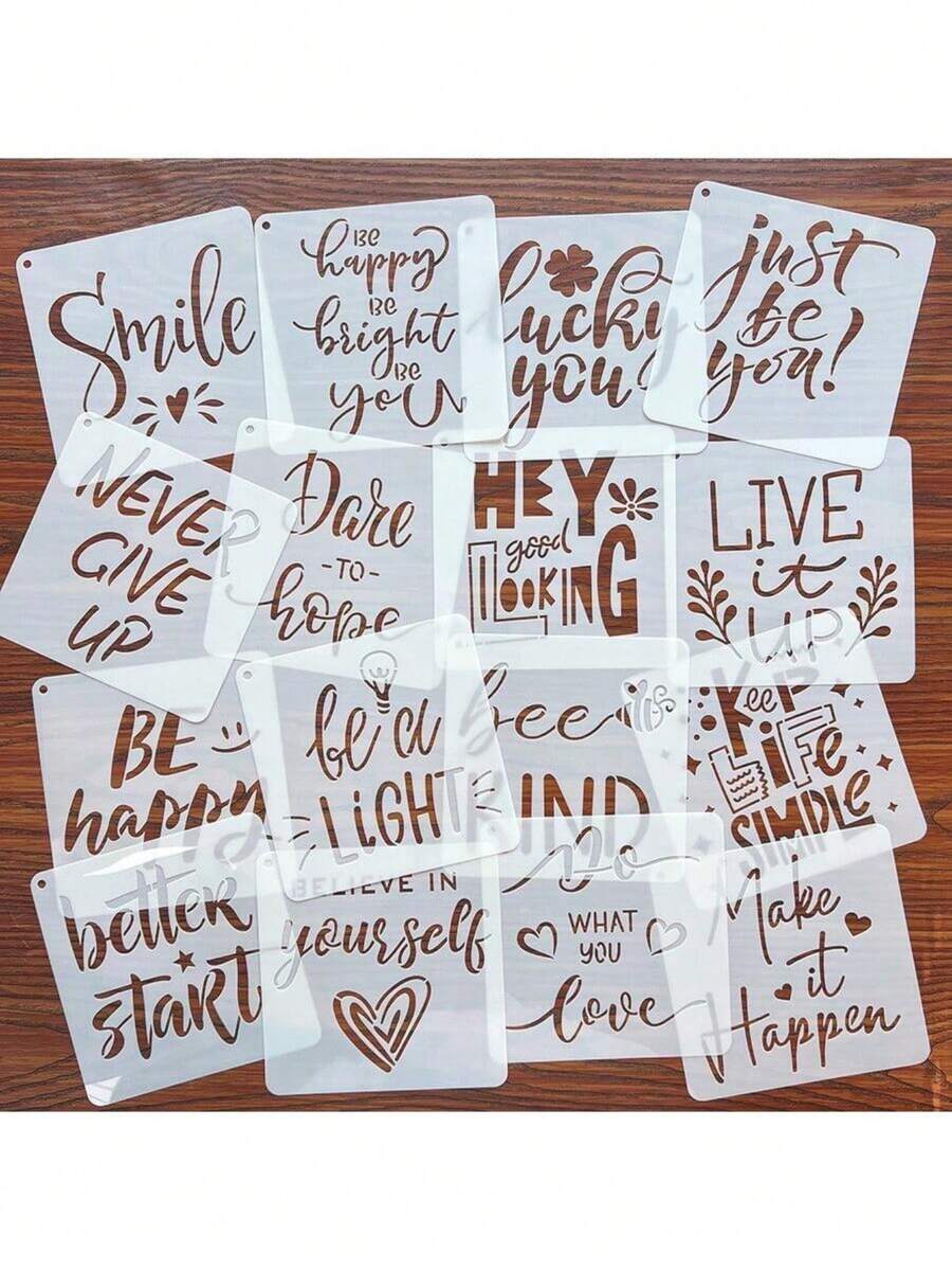 15pcs/Set Random Pattern Inspirational Quote Hollow Template, Lucky English Stencils For Spray Painting, Hand Painting, Printing On Wood, Fabric, Wall, Glass, Reusable Plastic Material
