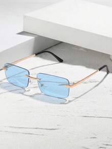 1 Pair Women's Vintage Metal Rectangular Rimless Blue Fresh Style Sunglasses, Suitable For Electronic Music Festival, Travel, Vacation, Sports Style, Driving, Holiday Outfit, Beach, Party, Outdoor Activities - Baby Blue - View 2