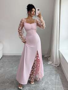 Lili House 女士长款碎花网纱连衣裙 - 长袖，收腰设计 | 优雅休闲连衣裙，适合约会、晚宴、派对等场合，粉色 - 粉色 - 查看 5