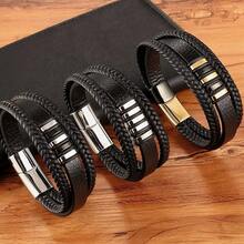 Men's Leather Bracelet With Stainless Steel Metal Detail - Bracelet - Silver Or Gold - Men's - màu đen - Xem 5