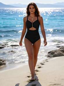 Traje de Baño Enterizo para Mujer, Colorblock/Sólido, Detalle Metálico, Corte y Fruncido, Cuello en V con Tirantes, Ajustado para Playa y Vacaciones de Verano - Negro - Ver 4