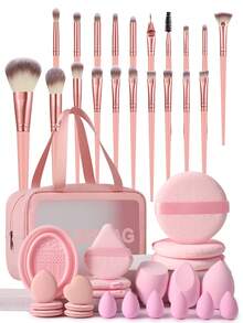 43件套化妆工具套装包含：20支化妆刷套装 + 3个化妆海绵 + 3个圆形粉扑 + 3个三角粉扑 + 6个迷你化妆海绵 + 6个迷你气垫粉饼 + 1个化妆刷清洁工具 + 1个多功能防水拉链化妆包/洗漱包 - 粉色 - 查看 11