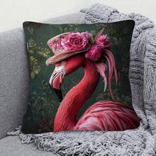 1件優雅粉紅火鶴戴花帽裝飾抱枕套－雙面毛絨靠墊套，拉鍊封口，18x18英吋正方形，適用客廳、臥室、沙發、辦公室裝飾，不含枕芯，熱帶居家裝飾禮品，鮮豔印花 - 1PC - 查看 5
