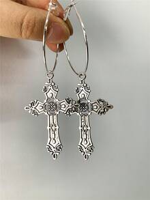 Pendientes de aro con cruz, estilo gótico punk, minimalistas y personalizados, aros extra grandes - Plateado - Ver 6