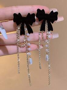 1 Pair Black Velvet Bow Knot Earrings, Sweet & Elegant Long Tassel Drop Earrings Women, Suitable Autumn/Winter Valentines,Mom,Mother,Mother's Day, - A - 查看 2