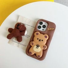 可爱蝴蝶结小熊硅胶手机壳，适用于 16/15 Pro、14 Pro Max、13、12、11，防震保护套 - 黑蝴蝶結小熊(褐色) - 查看 9