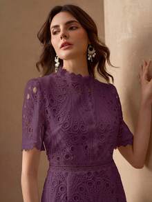 Elegant Back Zipper Round Neck Lace Patchwork Fitted Slim Luxury Dress For Women Summer - Purple - View 4