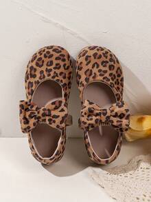 1双豹纹蝴蝶结公主风女童乐福鞋，女童平底鞋，百搭时尚，漂亮公主鞋，软底舒适 - 棕色 - 查看 2