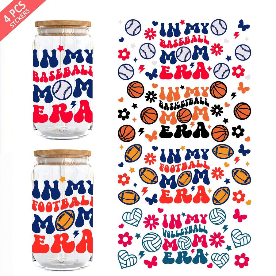 4 件/套 16 盎司玻璃杯 UV DTF 转印贴纸（9.4x4.3 英寸），无需加热，适合“我的运动妈妈时代”，酷炫棒球、篮球、橄榄球、排球图案，防水摩擦贴纸，DIY 礼物 - 2MAMA 02 - 查看 1