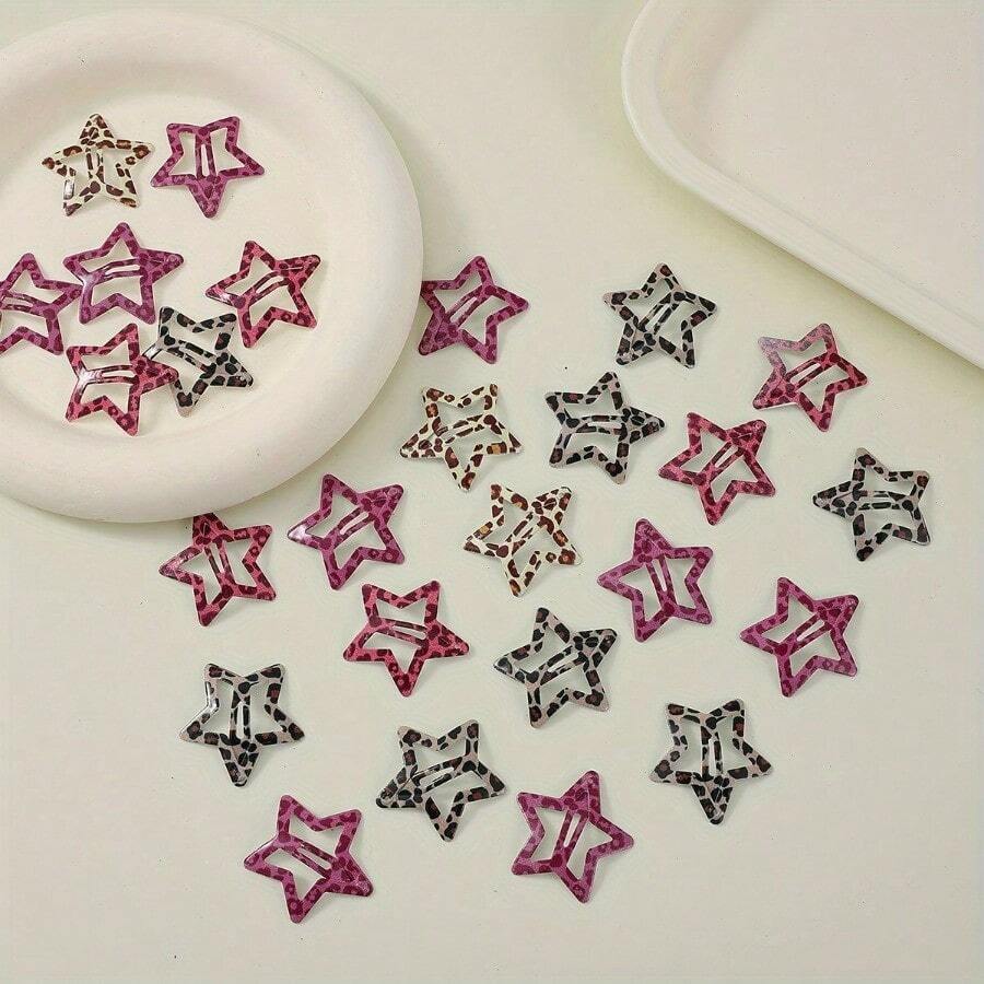 8pcs Y2K Style Cute Hair Clips Set - Leopard Print, Geometric Stars And Teardrop Shapes, Suitable For Women - Multicolor - View 1