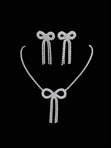 Bộ 2 món trang sức nơ tua rua đính đá màu bạc, thiết kế rỗng tinh tế - Trang sức nơ đa năng cho đám cưới/tiệc tùng. - Bạc - Xem 9