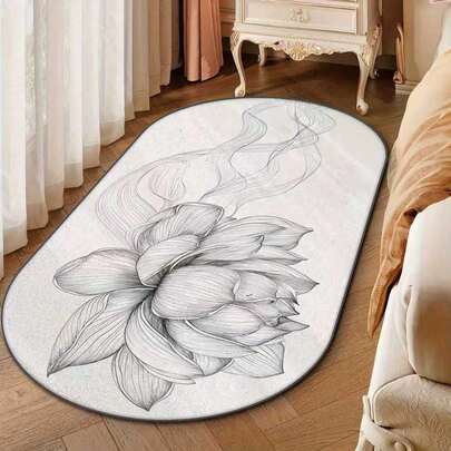 1 tấm thảm trải sàn hình bầu dục họa tiết hoa sen đen trắng, thảm trang trí phòng khách, có thể giặt được.