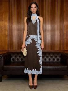 Luxury Women's Mid-Length Brown Polyester Non-Sheer Skirt With Delicate Lace Trim - Coffee Brown - View 10