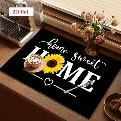 1pc Dish Drying Mat, Coffee Machine Mat, Black Base With Sunflower & Heart Pattern, Absorbent & Drainage Design, Suitable For Home Dining Table And Cafe, Multipurpose Draining Pad, Home Gift, Desktop Decor