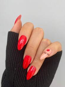 24 pièces Ongles à presser de forme amande courte, manucure rétro classique avec contraste de couleurs, imprimé cœur et ton de base rouge vif, design colorblocking vibrant, style chic et festif, convient pour les tenues de printemps/automne, les rendez-vous ou les déplacements, lumineux et polyvalent - Multicolore - Voir 2