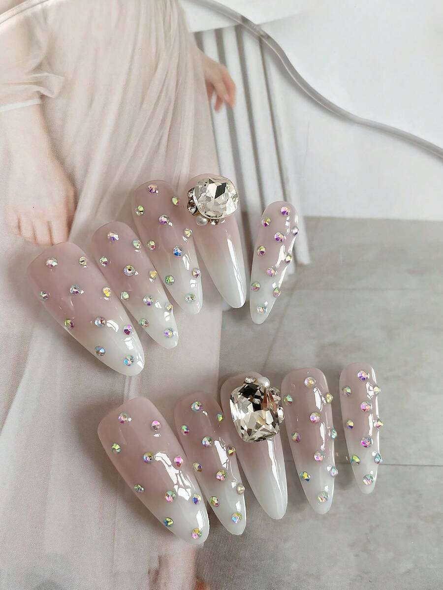 Móng giả cao cấp kiểu Qianjin màu nude, hiệu ứng chuyển màu trứng bồ câu, dáng dài, đính đá lấp lánh, có thể tháo rời. - Nhiều màu - Xem 1
