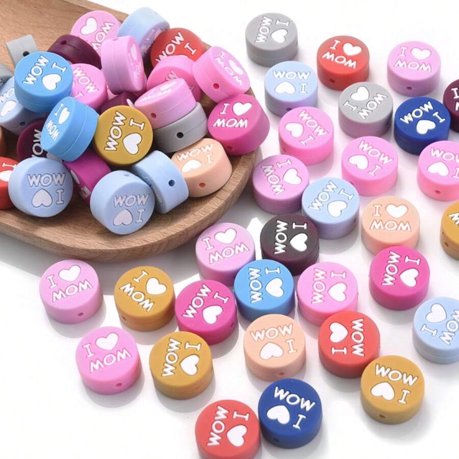 5 pièces Perles rondes en silicone "J'AIME MAMAN", accessoires de bijouterie pour la Fête des Mères, convient pour les bracelets DIY, les colliers, les charms de téléphone, la décoration de sacs, des cadeaux artisanaux créatifs pour la mère et la famille - Multicolore - Voir 1
