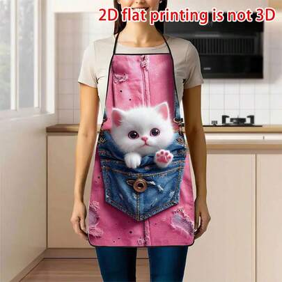1pc Soft & Cute Pocket Kitten Print Apron, Pink Denim Background White Cat Apron, Healing & Adorable Atmosphere, Cooking Apron Suitable For Bakers, Cake Decorators, BBQ Lovers, Gardeners, Painters, Manicurists - Perfect Gift For Home And Professional Chefs