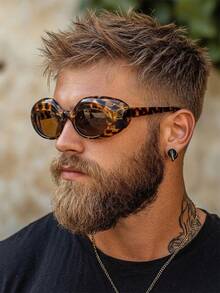 一副男士豹纹厚框椭圆形PC镜框时尚眼镜，欧美个性嘻哈风格，适合街头摄影、度假、复古时尚 - 彩色 - 查看 1