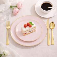 Bộ đĩa tròn đế hồng viền vàng, gồm đĩa nhỏ 7,5 inch và đĩa lớn 10,25 inch, có hai kích cỡ, dễ vệ sinh và tái sử dụng, phù hợp cho tiệc sinh nhật, tiệc chiêu đãi, đám cưới, ngày Valentine, ngày Thánh Patrick, lễ Phục sinh và các sự kiện khác. - Hồng - Xem 11