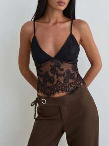 Women's Summer Top, Sexy Black Spaghetti Strap Tank Top With Lace Patchwork, Cropped Fitted Backless Camisole, Fashionable Streetwear Casual Vacation Sexy Tank, Suitable For 's Day, June Festival, Dates, Gatherings, Parties, Travel, Vacation, Beach And Other Occasions, Summer Outfit, Top - Black - View 4