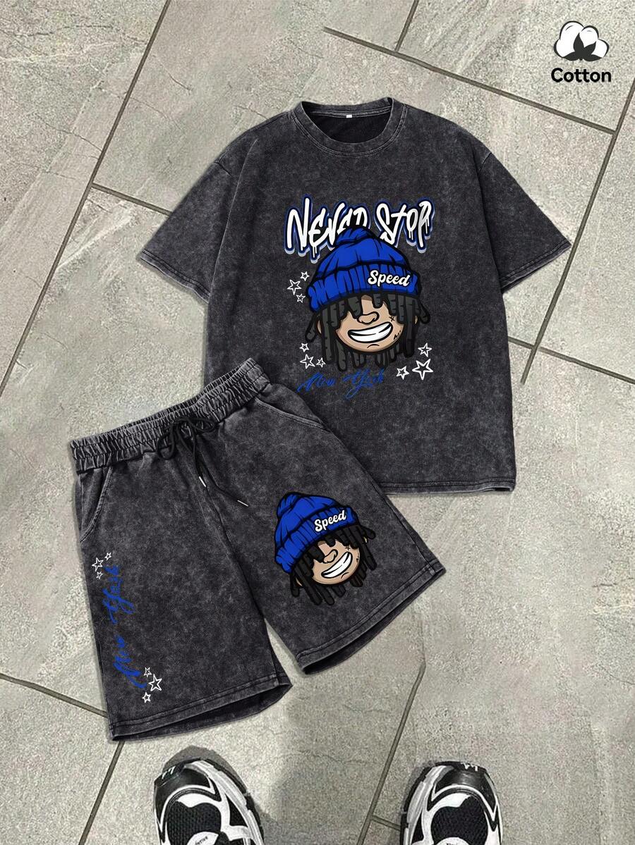 男士夏季休闲街头印花短袖套装（2件套），水洗黑色纯棉圆领T恤套装 - 黑色 - 查看 1