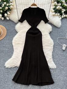 Women's Elegant Casual Knit Dress, Slim Fit Flattering Silhouette Knitted Dress With Ruffle Cuffs, Suitable For Commuting, Vacation, Formal Events, Parties, Dates, Weddings, Birthdays Black - Black - View 2