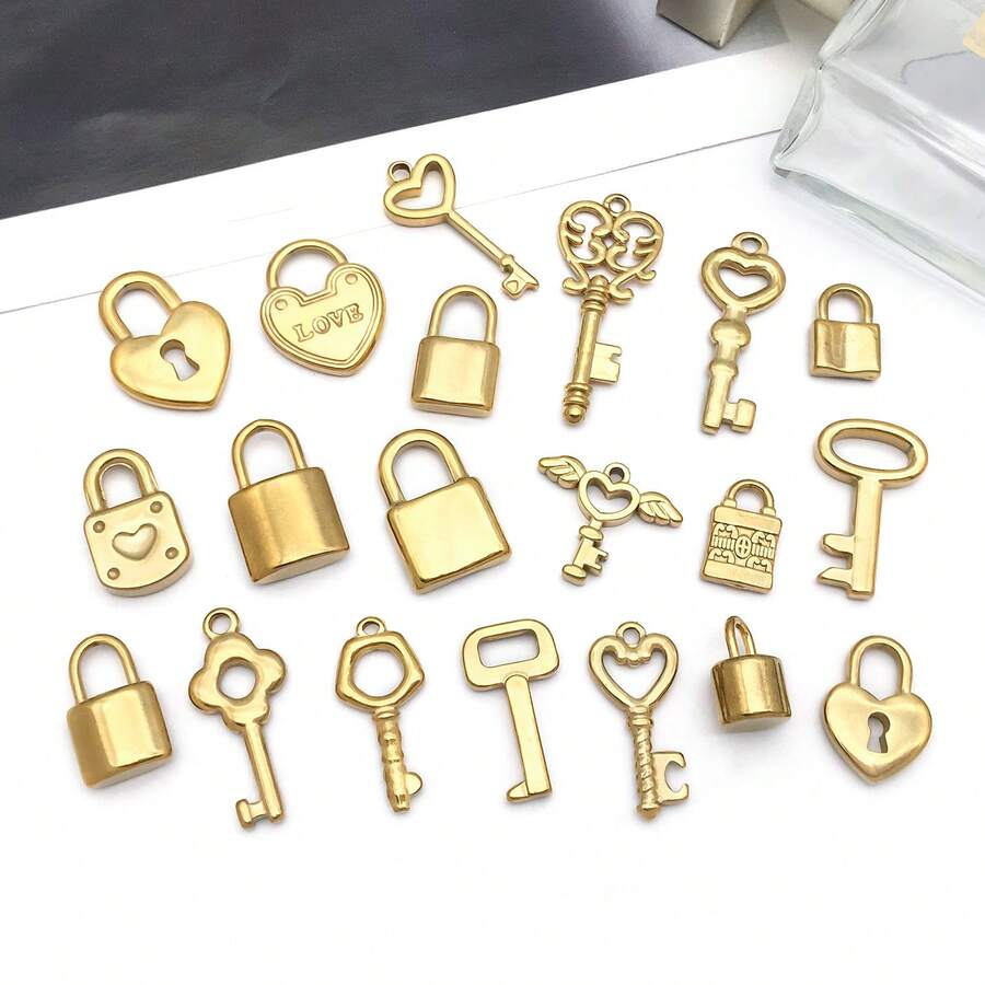 2 chiếc mặt dây chuyền hình trái tim bằng thép không gỉ, mặt dây chuyền hình chìa khóa kim loại, phụ kiện trang sức để tự làm vòng cổ, vòng tay, bông tai.