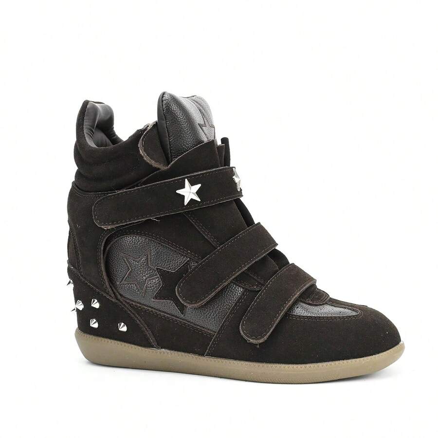 7cm Hidden Wedge High Top Sneakers For Women, Suede Retro Platform Casual Shoes - 深棕 - 查看 1