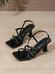 Giày sandal cao gót mũi vuông màu đen dành cho nữ, quai chéo, kiểu dáng tối giản, gót mảnh, thích hợp cho mặc hàng ngày, dự tiệc, tôn dáng và giúp thon gọn. - màu đen - Xem 6