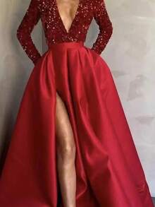 Women's Sexy Long-Sleeve Sequin V-Neck Flared Sequin Slit Long Evening Dress - 紅色 - 查看 1