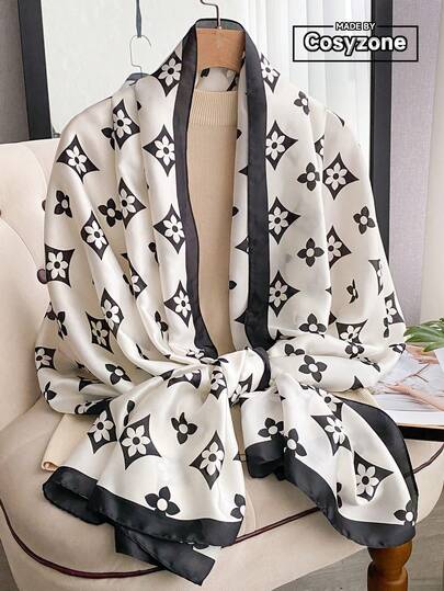 1pc Elegant Floral Print Faux Silk Scarf, Versatile Shawl For Sun Protection, Fashion Accessory For Daily Use