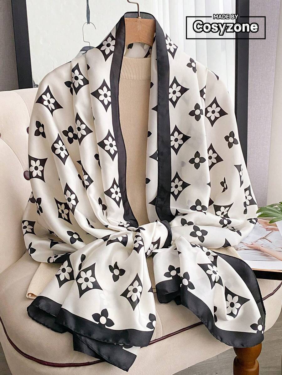1pc Elegant Floral Print Faux Silk Scarf, Versatile Shawl For Sun Protection, Fashion Accessory For Daily Use, Beach Towel - Black and White - View 1