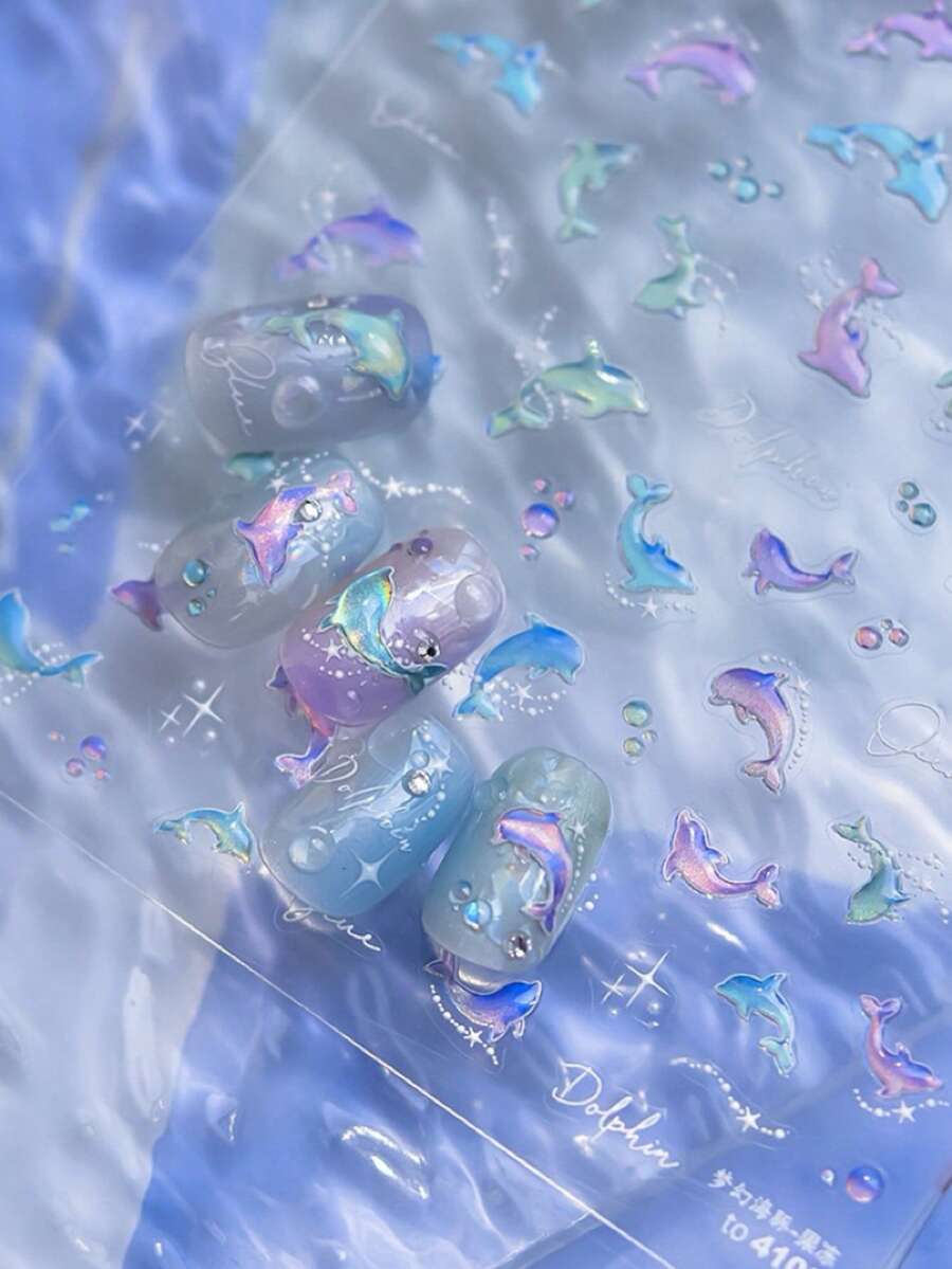 5D 浮雕海豚美甲貼紙，全息漸層海洋動物自黏式美甲貼花，夏季海灘美人魚風格 DIY 美甲裝飾，適用於夏季居家沙龍美甲與穿戴式美甲配件 1 片