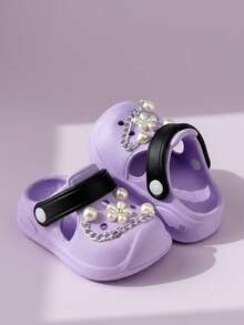 HAHABOBO New Kids Girls Sandals With 3D Flower Chain Decor, Purple, Fashion Versatile Elegant EVA Material Slip-On, Lightweight Comfortable Soft, Indoor Home Shower Outdoor Walking Travel School Beach All Season Spring Summer - Purple - View 3