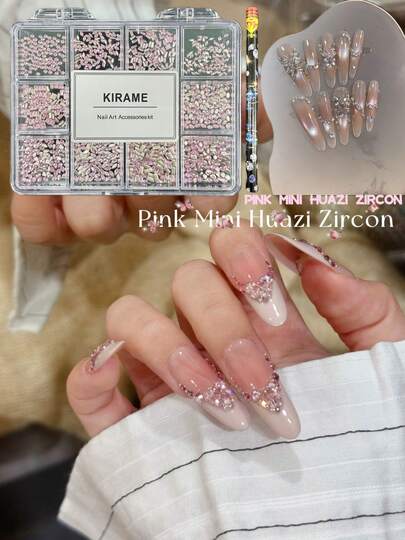  KIRAME 1200pcs Pink Flat Rhinestones Decoration - 12 Styles DIY Manicure Tool Set Includes 1 Dotting Pen, 1-5mm Sparkling Nail Gems, Nail Salon, Nail Art Supplies, Halloween, Christmas, New Year, Mother's Day, Holiday Gift