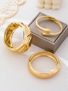 3pcs/Set Minimalist Geometric Hammered Asymmetrical Teardrop Thick Bangle Bracelet Set, Gold Tone, Suitable For Women, Solid Metal & Zinc Alloy Material - Yellow Gold - View 2