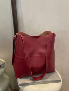 Bolso de hombro de PU de unicolor retro y versátil, bolso de cubo minimalista casual con textura - Rojo - Ver 6