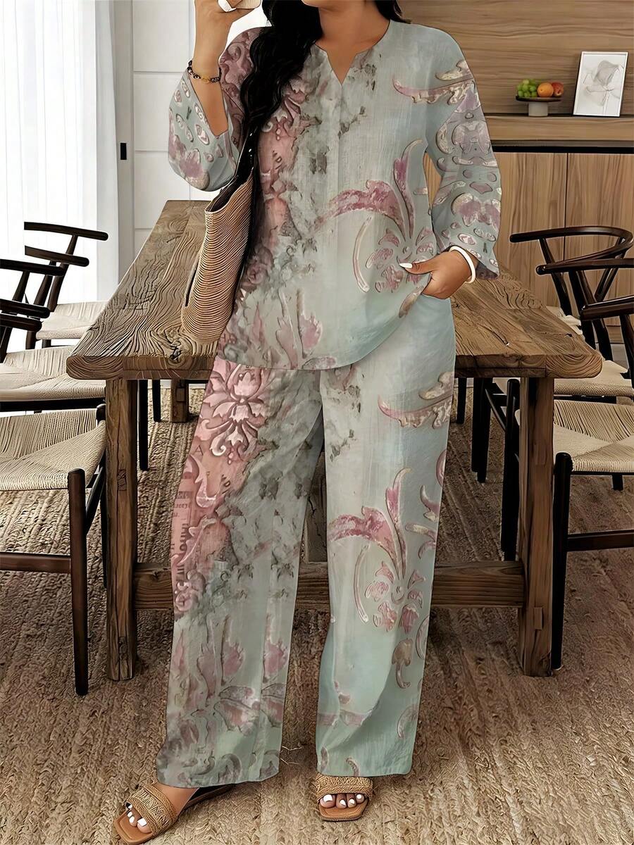 Plus Size Women's Outfit, Light Green & Pink Vintage Scroll Print Notch Lapel Top & Straight Leg Pants Two-Piece Set, With Side Pockets, Suitable For Home, Commute & Vacation, Casual Daily Wear Set - Nhiều màu - Xem 1