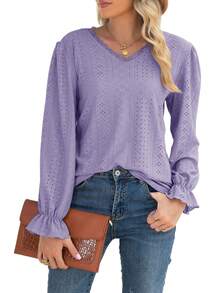 Women's Dressy V-Neck T-Shirt Elegant Ruffle Sleeve Blouse With Lace Details For Office Wear - 紫色 - 查看 2