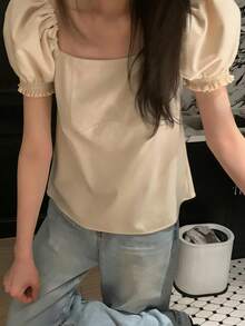 时尚韩式法式优雅方领休闲简约蝴蝶结露背泡泡袖衬衫 - 杏色 - 查看 4