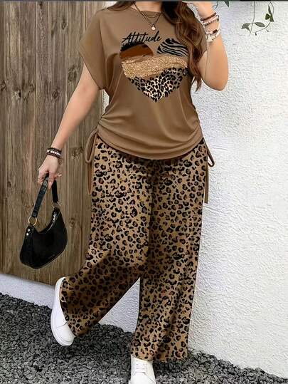 大码女式豹纹拼接短袖T恤短裤套装，度假沙滩夏季