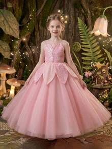 Đầm dự tiệc màu hồng thanh lịch cho bé gái tuổi teen, thiết kế cánh hoa đính sequin, lưng khoét hở phối lưới, đầm dự tiệc trang trọng, đầm công chúa, đầm dạ hội, đầm bé gái dự đám cưới, tiệc chiêu đãi, tiệc sinh nhật, kỳ nghỉ, lễ hội. - Hồng - Xem 2