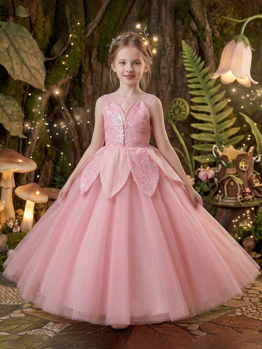 Đầm dự tiệc màu hồng thanh lịch cho bé gái tuổi teen, thiết kế cánh hoa đính sequin, lưng khoét hở phối lưới, đầm dự tiệc trang trọng, đầm công chúa, đầm dạ hội, đầm bé gái dự đám cưới, tiệc chiêu đãi, tiệc sinh nhật, kỳ nghỉ, lễ hội.