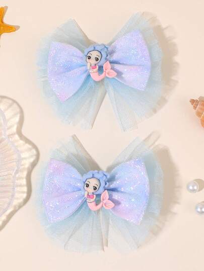 2 piezas Lazos de pelo de malla azul de verano para niñas, Pinzas para el pelo con brillo, Pinzas de cocodrilo de sirena, Pasadores de playa lindos para vacaciones, viajes y regalos diarios, Accesorios para el cabello de adolescentes