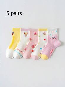 5双装女童卡通水果字母印花透气网眼中筒袜，清爽百搭可爱袜子，学生日常休闲穿着 - 彩色 - 查看 12