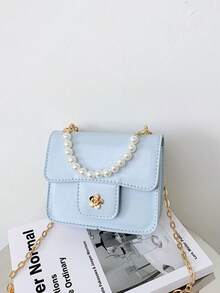 1个女童油性PU山茶花磁扣时尚珍珠手提包，配链条肩带，适合日常四季使用 - A - 查看 10